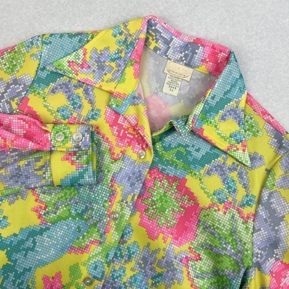 Womens Vintage 60s 70s Bright Pixelated Flower Floral Button Front Top Medium‎ - Picture 6 of 7